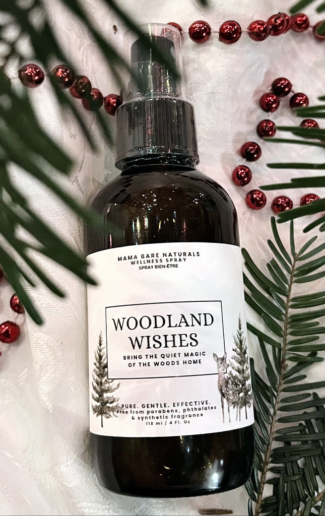Bottle of 'Woodland Wishes' product with decorative elements on a white background